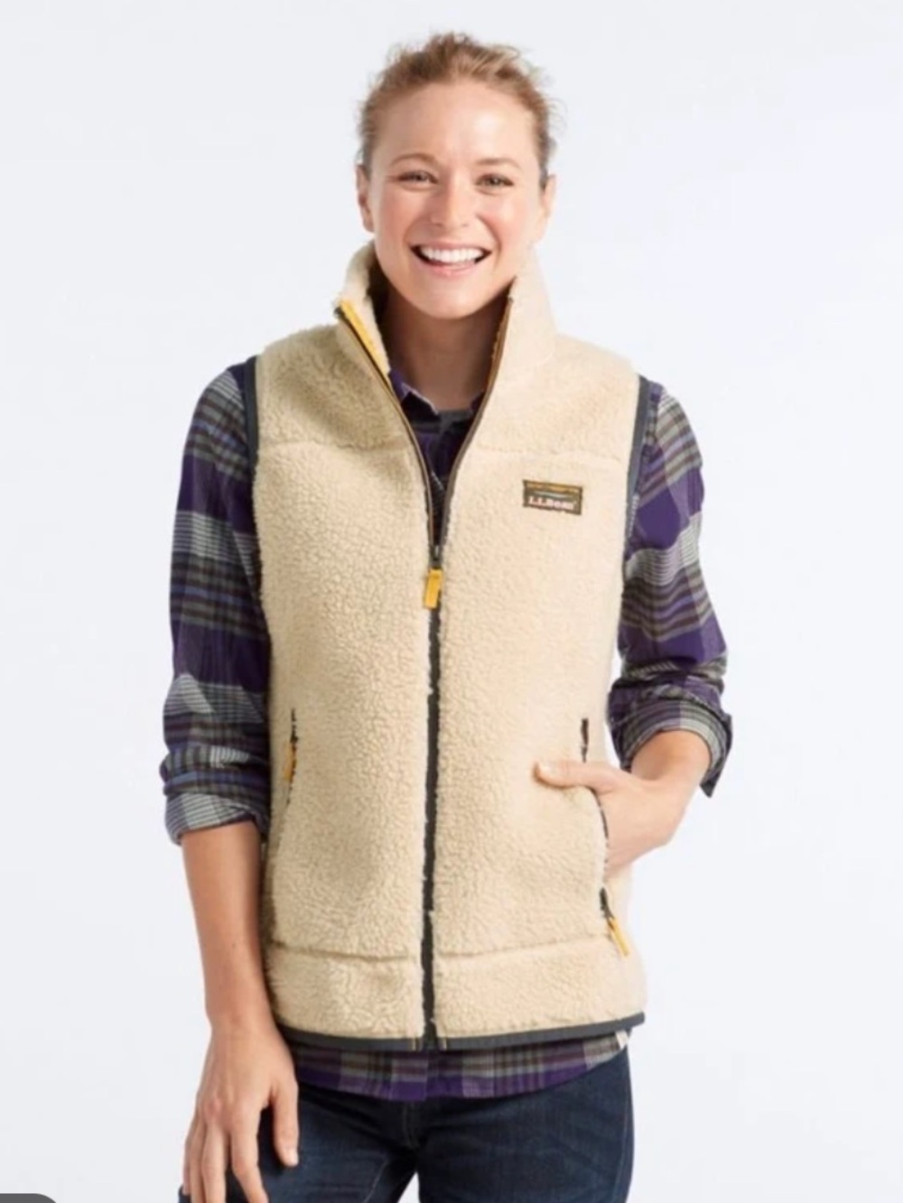 L.L. Bean Mountain Pile Fleece Vest - Cream with Navy & Mustard Trim